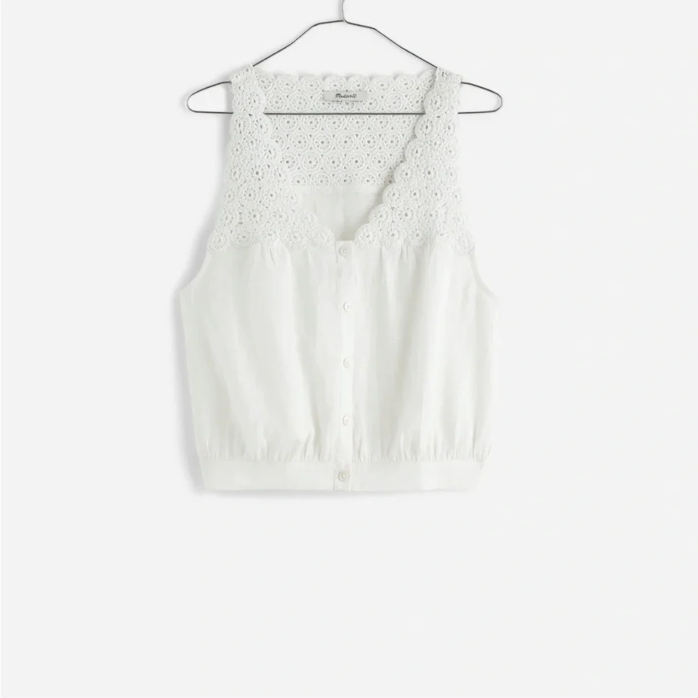 Madewell 100% Linen Embroidered V-Neck Bubble Top - Picture 6 of 7